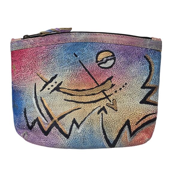 The Animal Face Hand Painted Genuine Leather Zip Case Small Clutch Coin Bag Mini - Picture 1 of 7